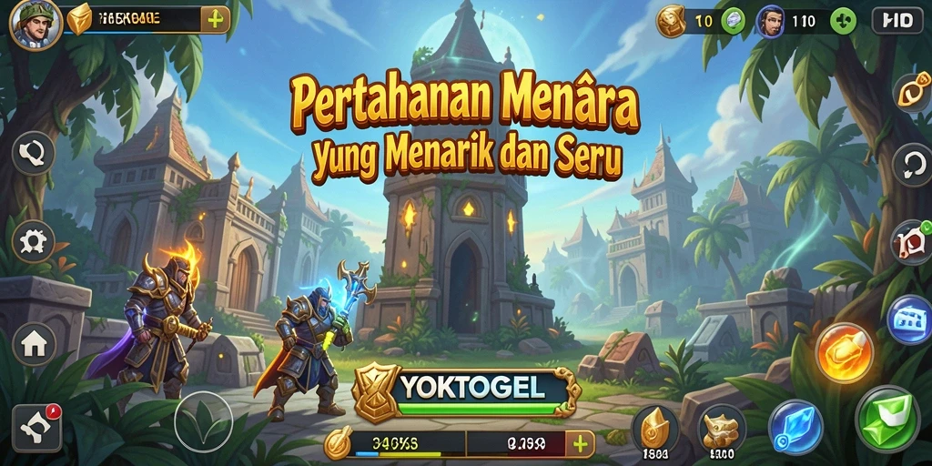Tangkapan layar gameplay YOKTOGEL dengan menara pertahanan yang menakjubkan.